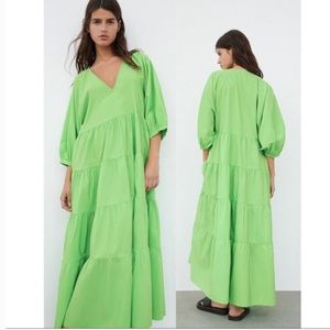 ZARA NEW TIERED POPLIN PANELLED DRESS INTENSE GREEN